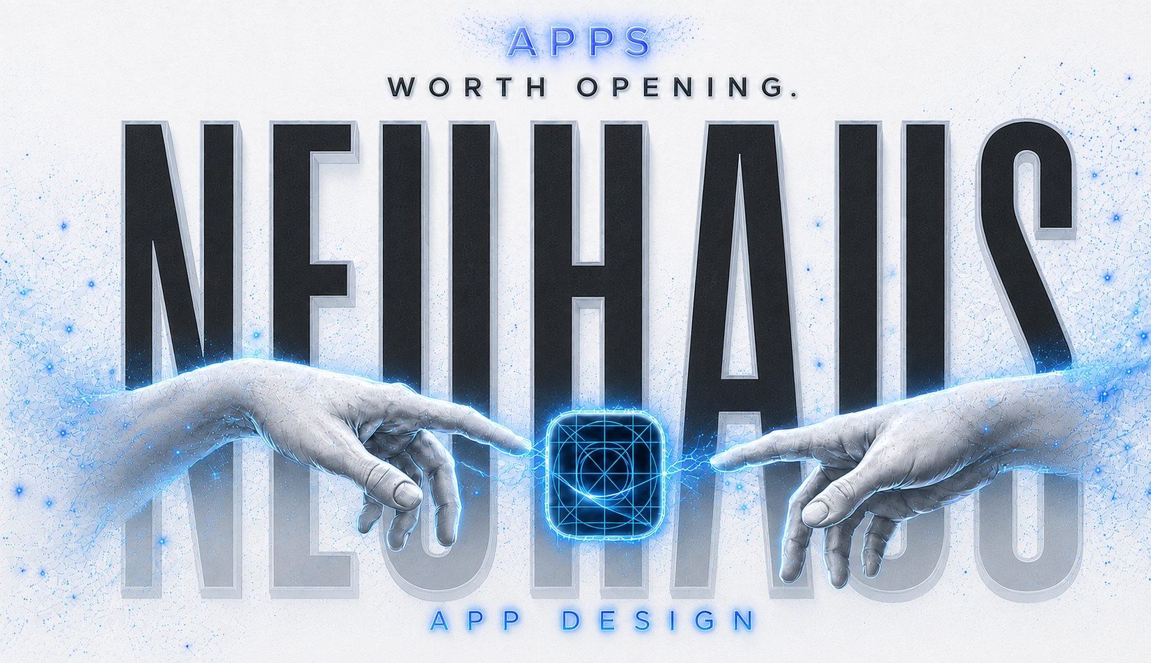 Two hands reaching toward a glowing Neuhaus app icon